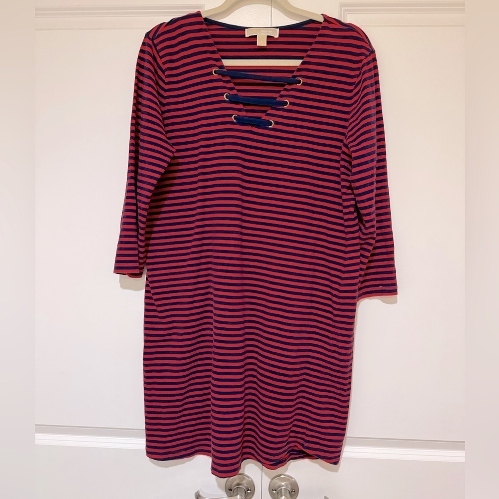 Michael Kors cotton long sleeve dress, navy/red stripe sailor detail